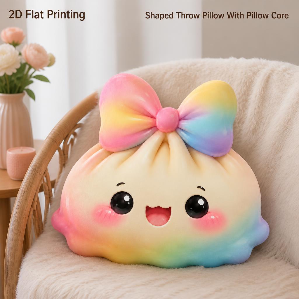 TEMU Rainbow Bow Dumpling Shaped Pillow, Pastel Rainbow Bow Cream Dumpling, Kawaii Style 2d Flat Printing Shaped Stuffed Throw Pillow Decorative