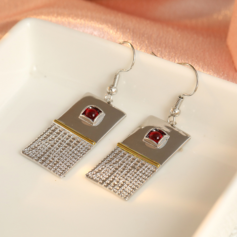 Women's Long Block Texture Drop Earrings with Red Embellishment
