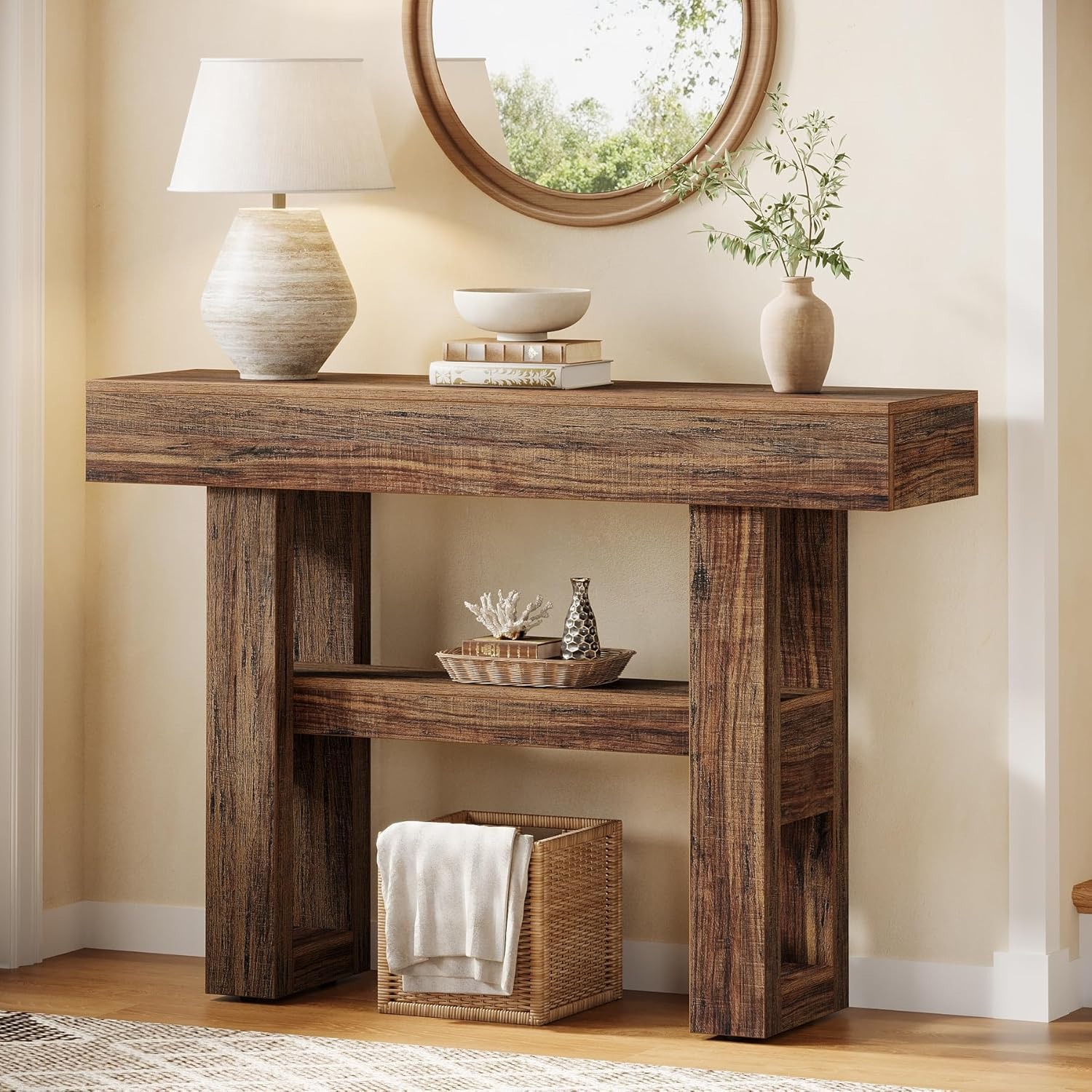 Console Table Suitable For Narrow Spaces - 2-tier Rustic Brown Sofa Table With Storage Shelves, Wood & Frame, Entryway Furniture For Hallway, Foyer, Living Room, Assembly