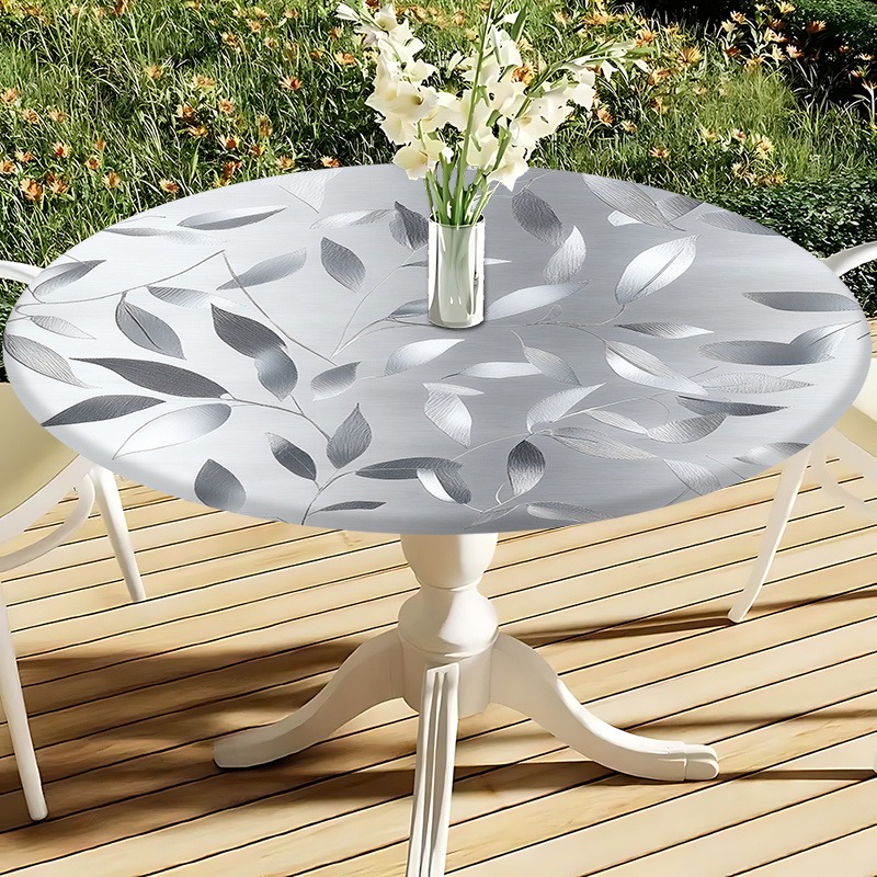 TEMU 1pc Round Elastic Tablecloth With Modern Silver Leaf Pattern, Suitable For Outdoor Picnics, Camping, Dining, Durable And Easy To Clean, Picnic