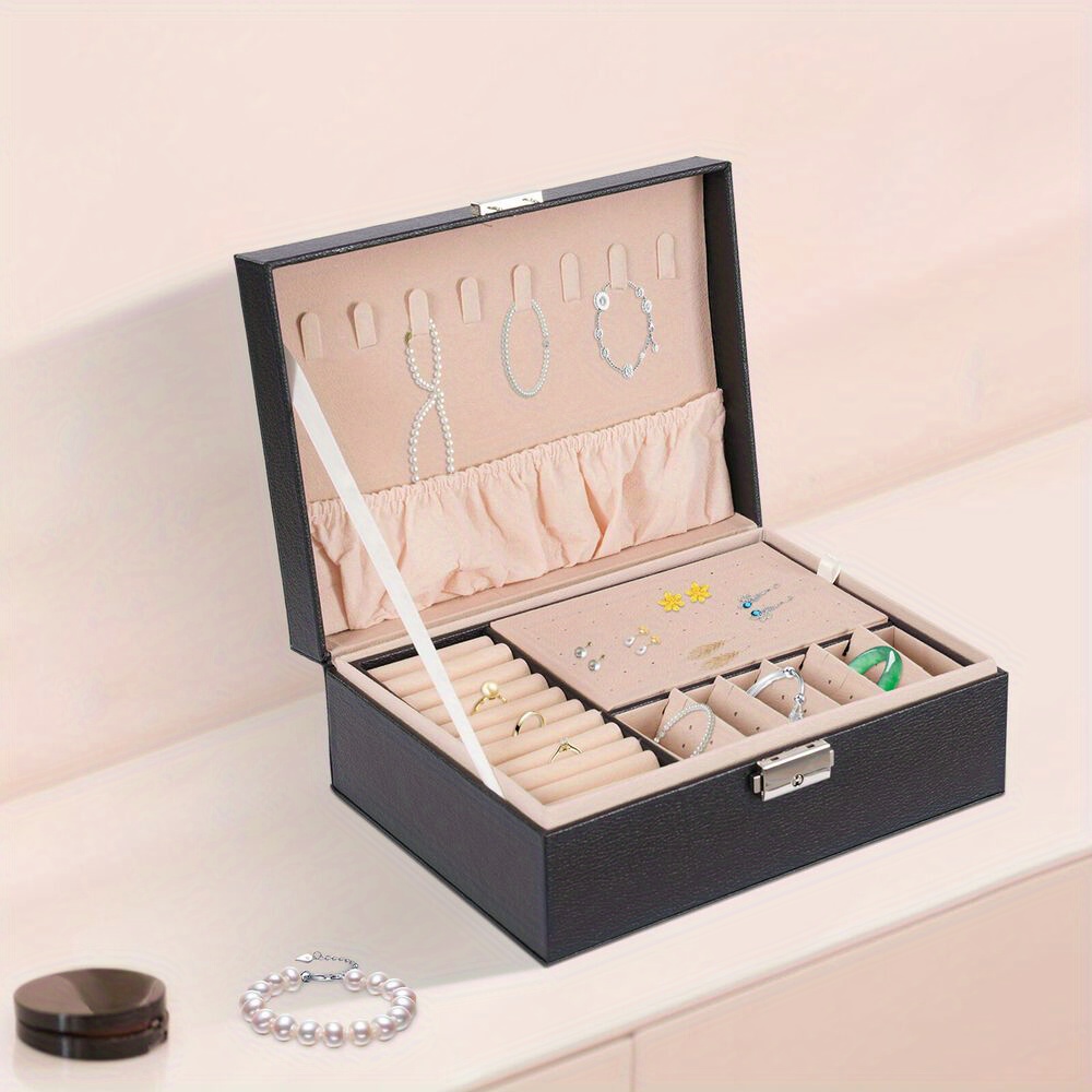 TEMU Elegant Double Layer Jewelry Box Organizer For Necklaces, Rings, And Earrings - Black Wooden Travel Case With Magnetic Closure, Fabric Interior, And Hooks For Bracelets - For Home Or Travel
