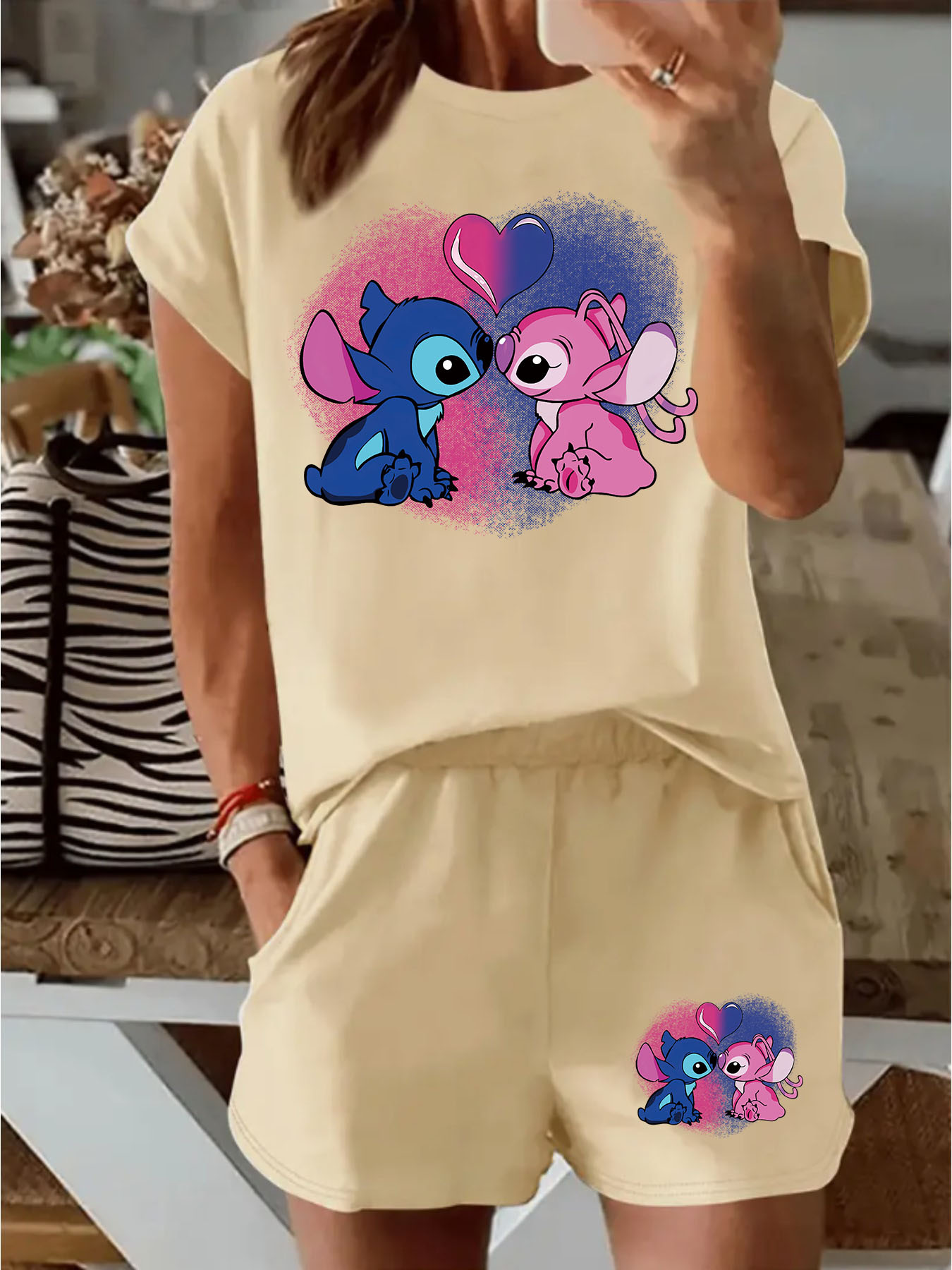     cartoon print womens romper set stretchy machine washable fabric casual   design with heart accents beige shorts t shirt for       outfit whimsical style soft texture 0