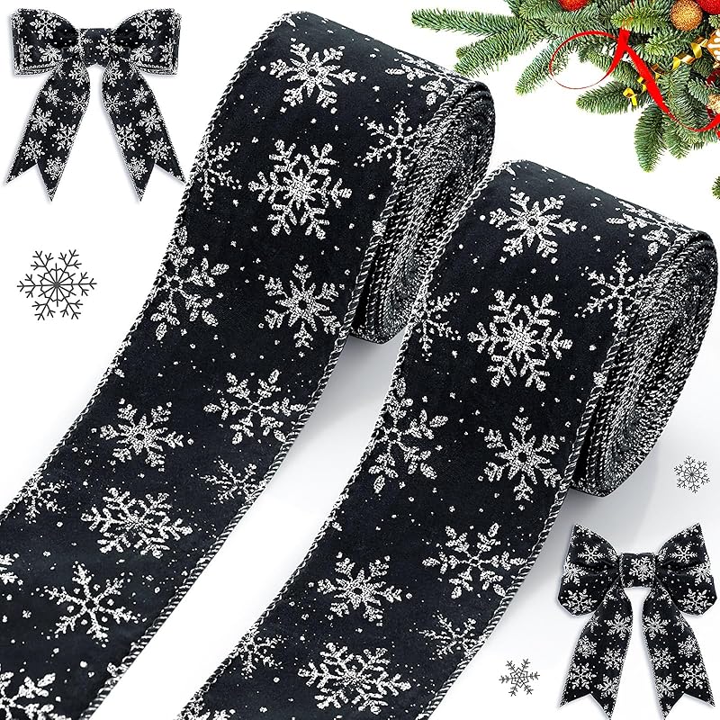 TEMU 2 Rouleaux de Moderne avec Motif de Neige et Bords Filaires - 2,5'' de Largeur, Ruban de Noël pour Décoration de Sapin, Couronne, Nœuds DIY,