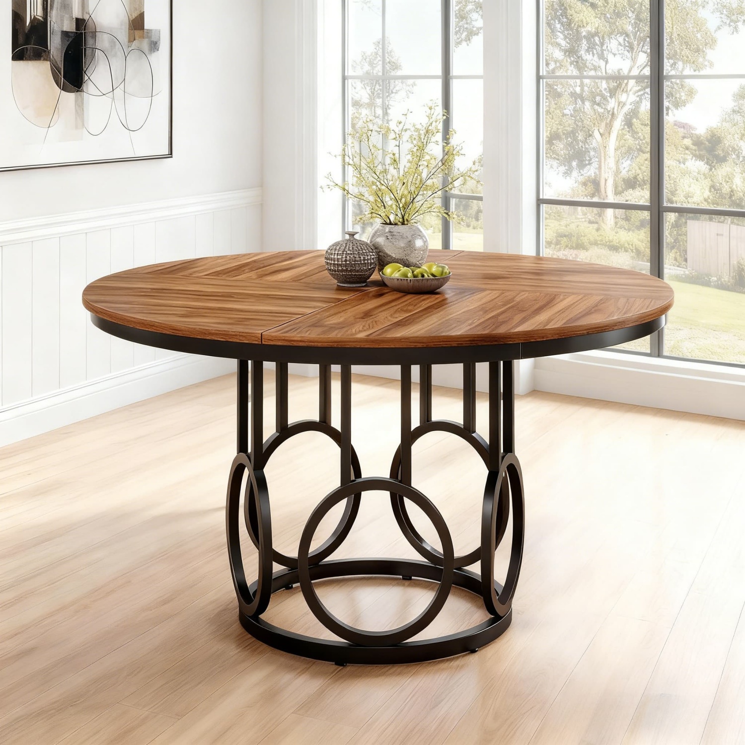 Image of 47 Inch Round Dining Table, Wood Kitchen Table With Sturdy Metal Base, Large Round Dining Table For 4 To 6 People, Fit For Dining Room, Kitchen And Living Room, Brown And Black, Desk