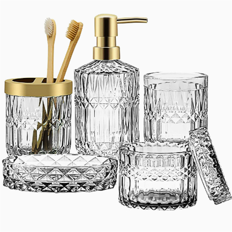 TEMU 5pcs Bathroom Set With Clear Soap Dispenser, Toothbrush Holder, 4 Toothbrushes & Wipes - Elegant Glass Containers Spa & Hotel Use - Ideal Gift