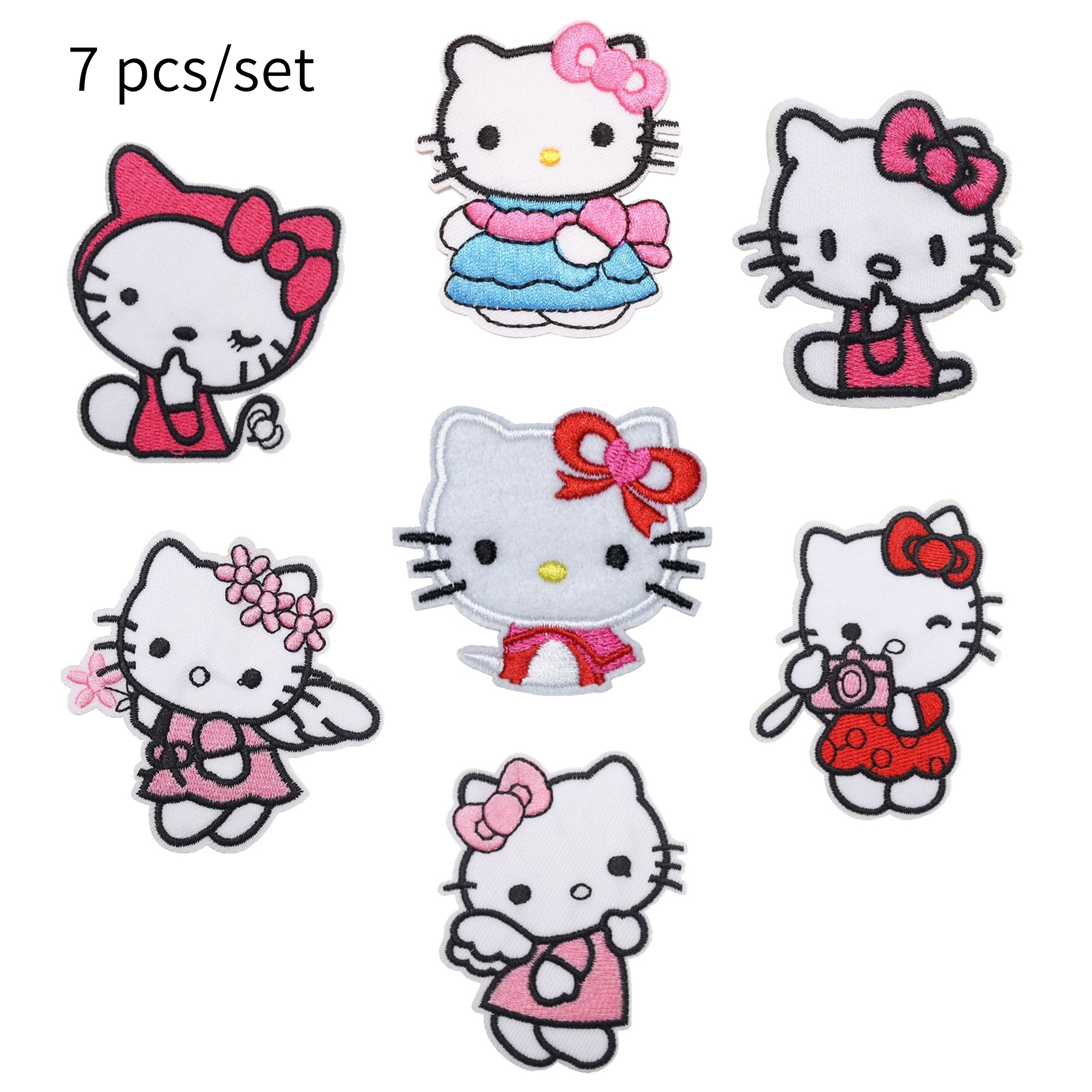 E-shop Autorisiertes Set mit 7 Teilen, mit den neuen Sanrio Hello Kitty Aufbügler- und Stickflicken - Enthält verschiedene farbenfrohe Cartoon-Designs