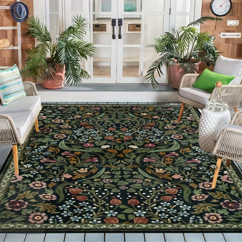 TEMU 1pc Of Vintage Bohemian Floral Outdoor Mat- Soft, Non-slip Polyester Material With Golden Diamond Pattern, Suitable For Patios, Rvs, , And