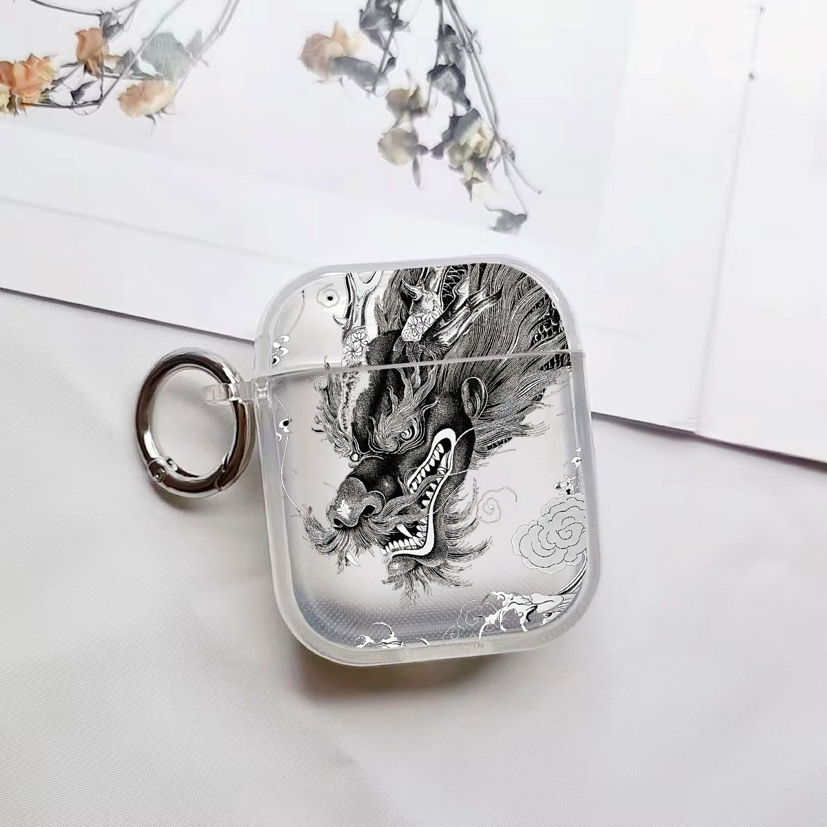TEMU B3744 Vintage Oil Black Dragon Pattern Bread Earphone Case With Round Buckle, For Airpods 4/4 Pro Generation Protective Cover, For Iphone