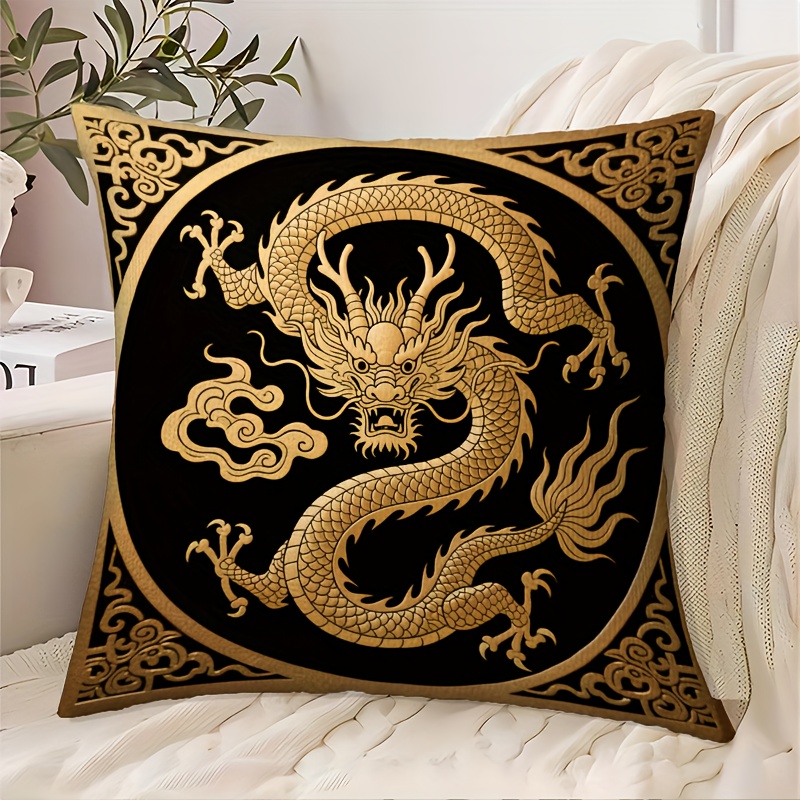 TEMU 1 Extra Large Dragon Shaped Decorative Throw Pillow - Black And Golden Traditional Chinese Dragon Design With Golden Accents - Luxury
