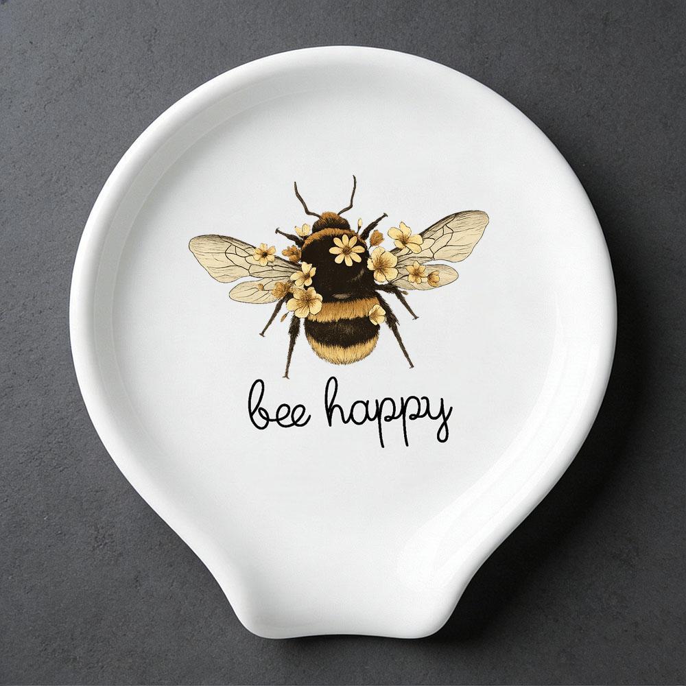 TEMU Floral Bumble For Bee Ceramic Spoon Rest, Whimsical Botanical Design With " For " Handwritten Quote, Decorative Kitchen Utensil Holder For
