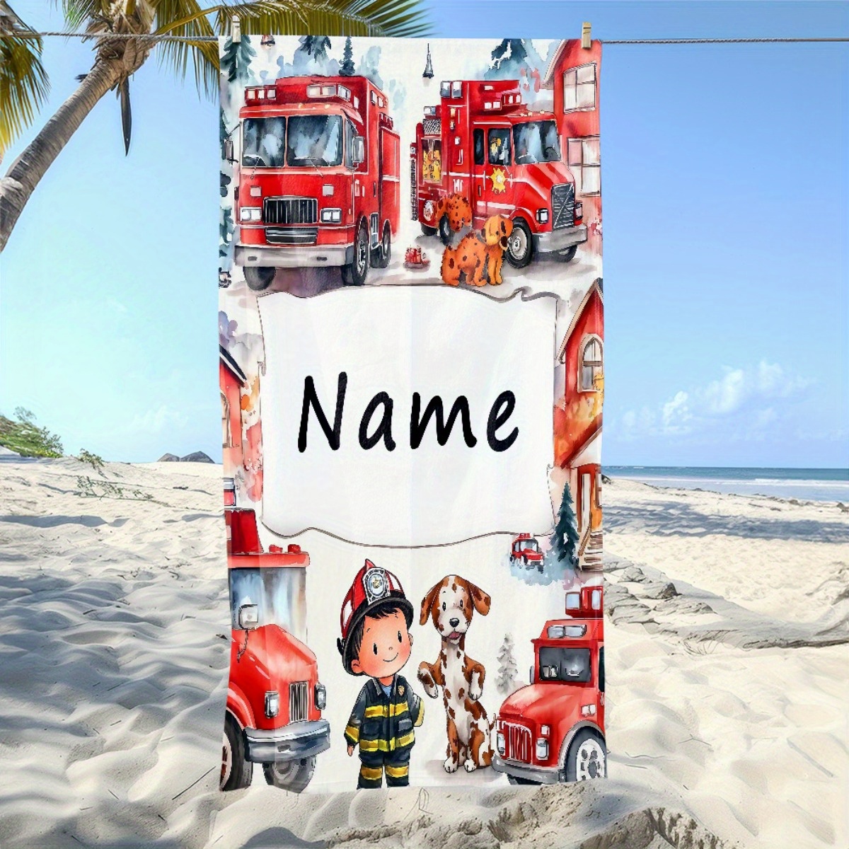 E-shop Personalisiertes Strandtuch mit Feuerwehrwagen- - Weiches, ultra-saugfähiges Mikrofaser, leicht, für Strand, Partys, Reisen, Camping -