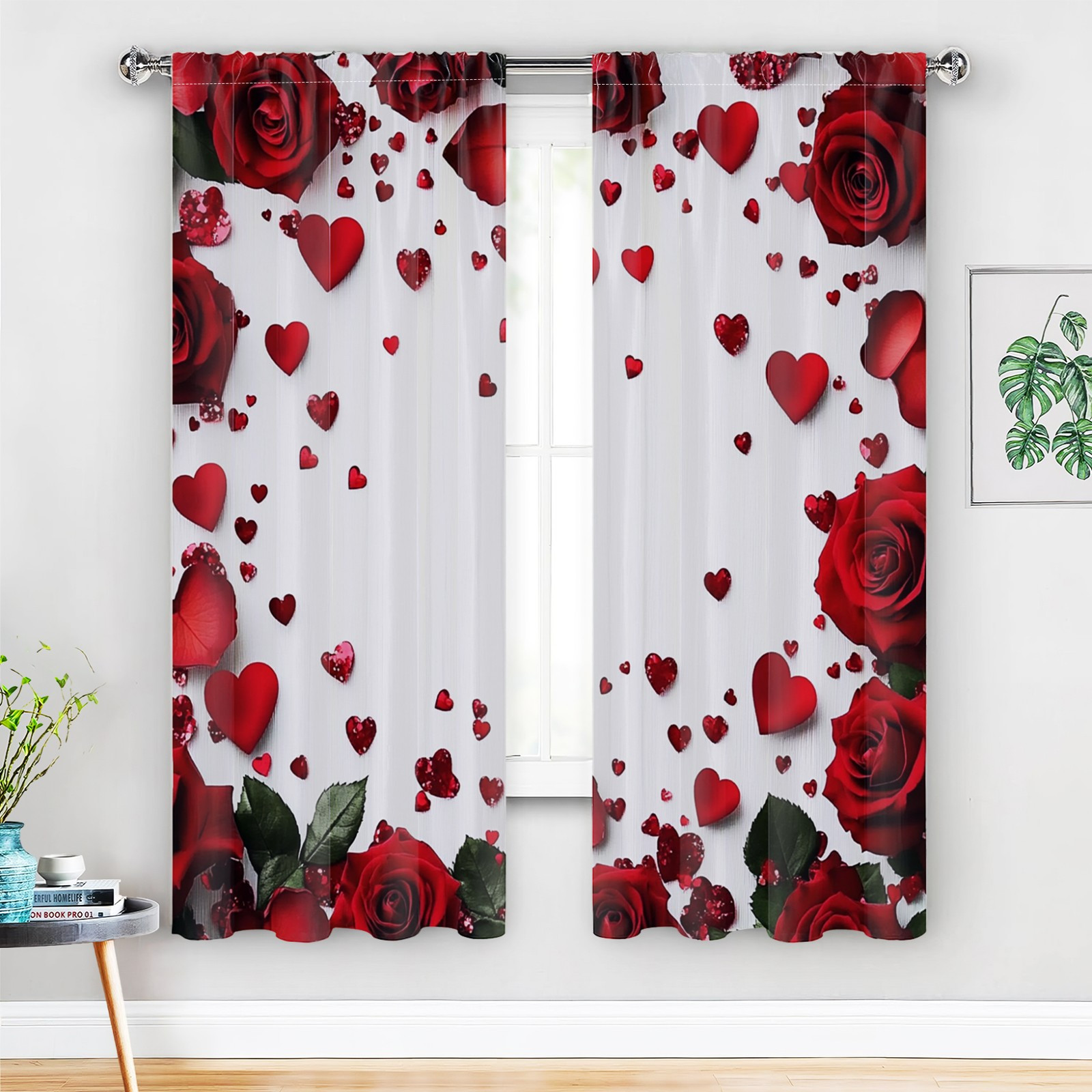 

2pcs Classic Polyester Window Curtains, Valentine's Day Petals And Hearts Pattern, Elegant Botanical , For Bedroom & Living Room Decor