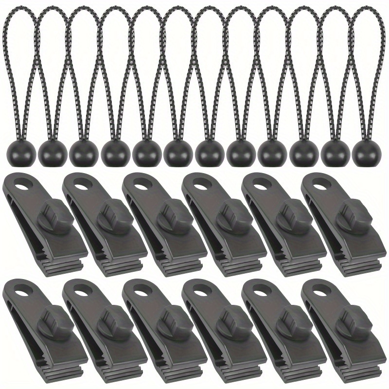 Image of 12pcs Heavy-duty Tarp Clips + 12pcs Bungee Cords—outdoor Tent Guyline Fastening Kit—secure For Outdoor Camping, Canopy, Cover, Pool Cover