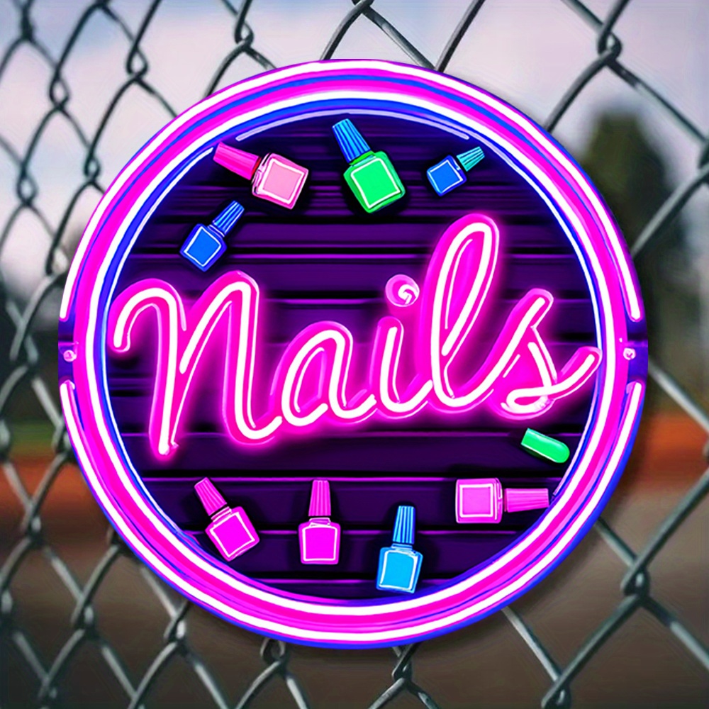 

Vibrant Neon "nails" Sign - 7.8" Round Aluminum Wall Art, Nail Polish Display, & Waterproof, Easy To Hang, Heat & Fade Resistant For Home, Salon, Bar, Cafe Decor, Nail Art, Room Decor