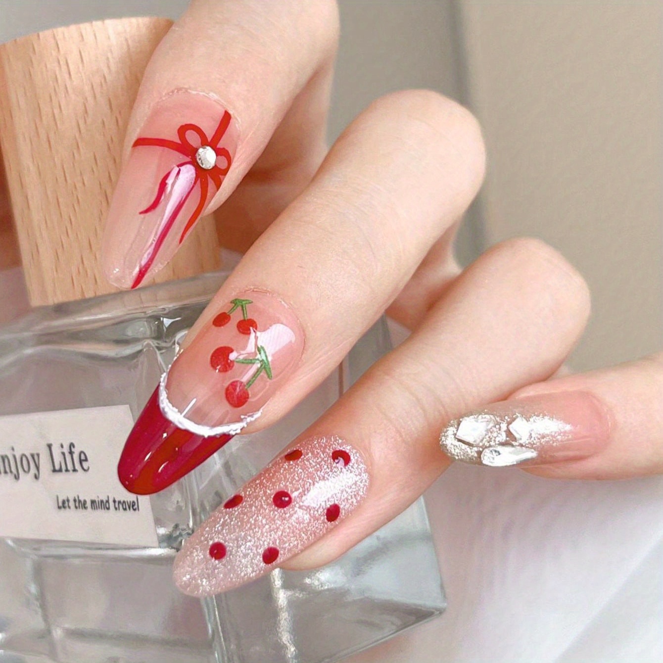 Nagelaufkleber Erdbeere & Kirsche – 5D-Design Mit Strass & Herz, 2 Blätter, Selbstklebend Für Nail Art