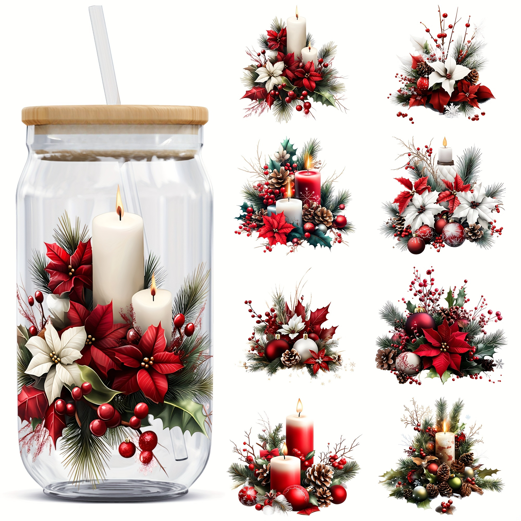 TEMU 4pcs Christmas Candle Flower Decorative, 16 Ounces Transfer Paper Uv Dtf Transfer Paper, Suitable For 16 Ounces Glass Jars ( , Cup Not Included)