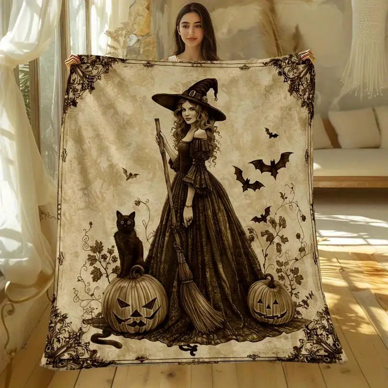 TEMU 2d Printed Elegant And Cat Halloween Plush Throw Blanket – Soft Warm Polyester Cover For Sofa, Bedroom, Travel, Picnic, Multipurpose Lightweight