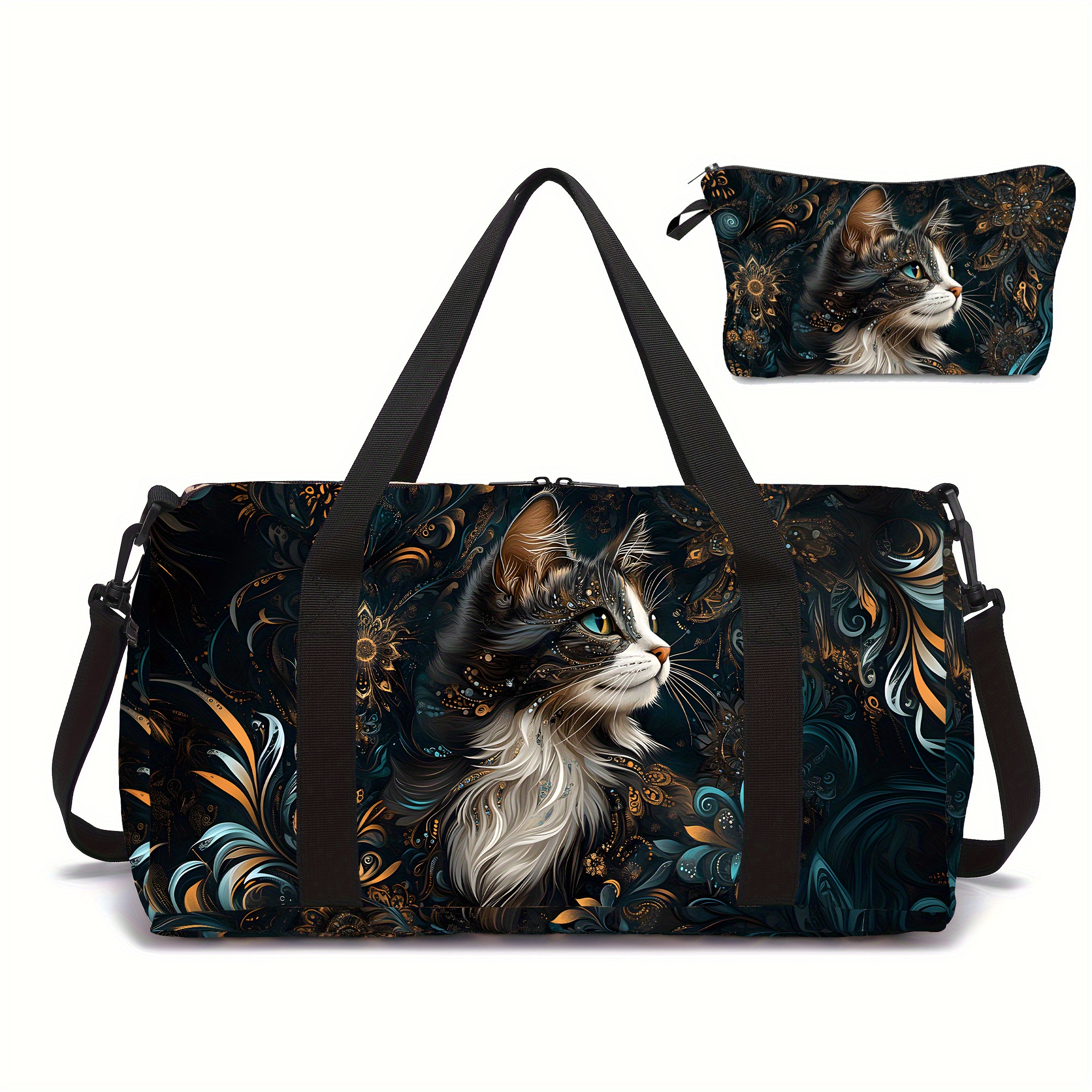 Image of 2pcs Cat Print Travel Bag And Cosmetic Bag Set, Outdoor Sports Yoga Bag Fitness Bag, Travel Bag, Random Print, Machine Washable, Ideal Gift