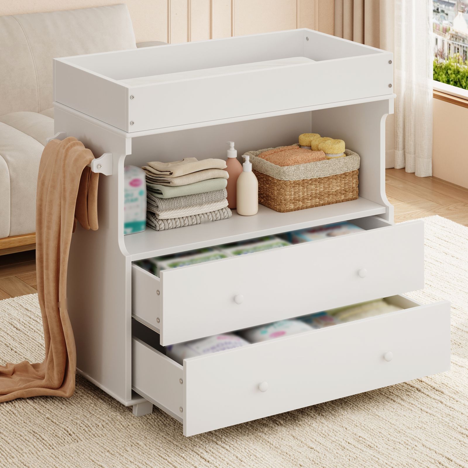 Baby Changing Table Dresser with 2 Drawers & Open Shelf - Modern White Nursery Dresser, Diaper Changing Station with Lock-Free Design, Non-Wood Durable, Easy Assembly for Kids Room, Nursery, Baby Room Storage Organizer