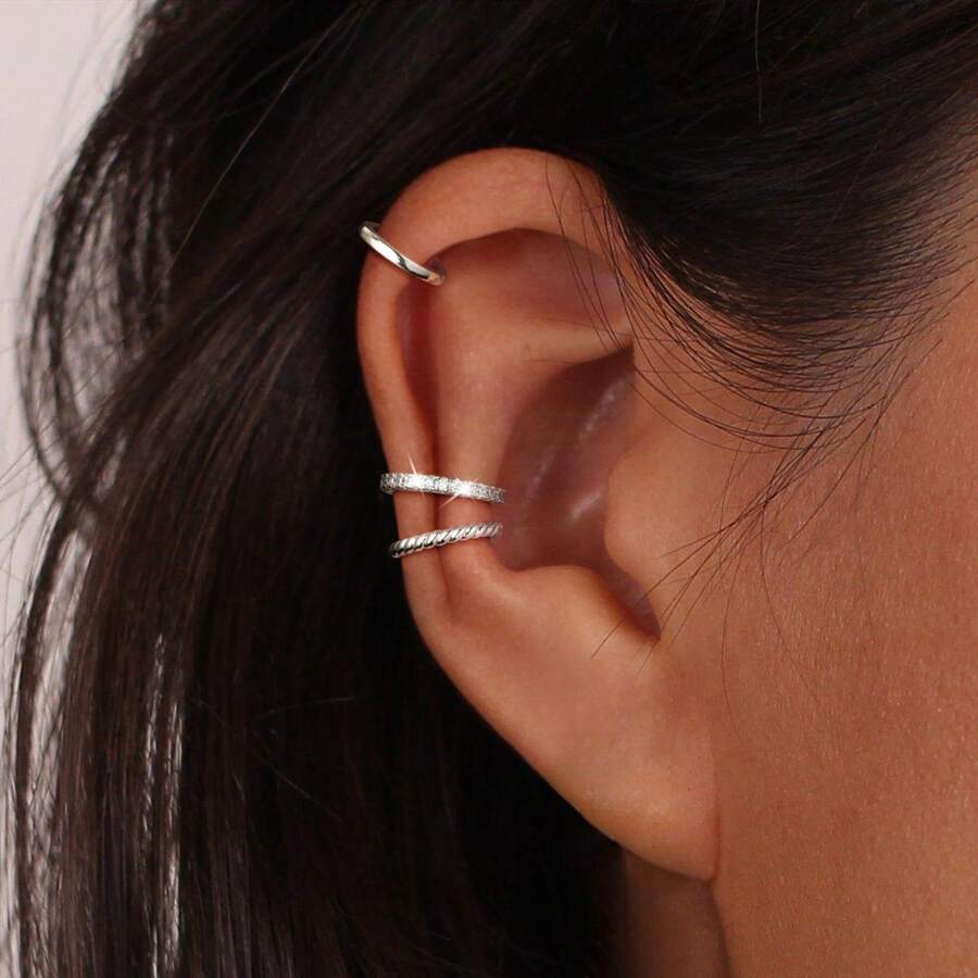 TEMU 3pcs Fashionable Minimalist Non-pierced Earrings Set With Copper & Synthetic Zirconia Stone (may Have Color Difference Due To Lighting)
