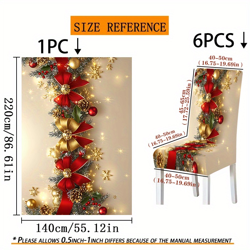 TEMU Polyester, Christmas, Golden And Decoration Wreath Print On Light Background, Tablecloth And Chair Cover Set, 5pcs Set (including 1 Tablecloth +