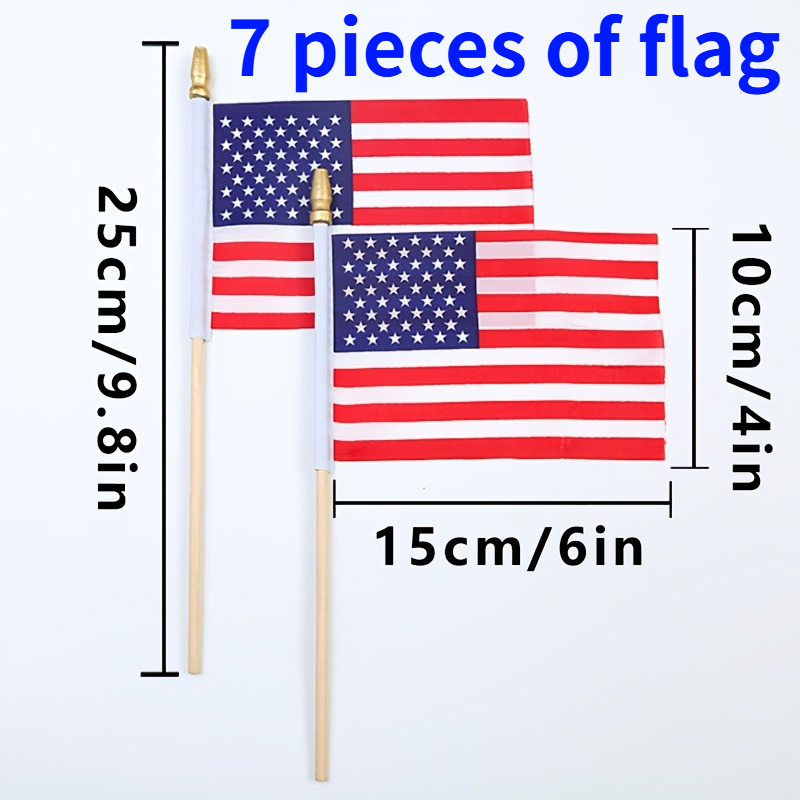 TEMU 7 Sets(including Poles And Flags) Of American Mini Flags, 4 X 6-inch American Handheld Flags For Garden Decoration, With Safety Spear Top,
