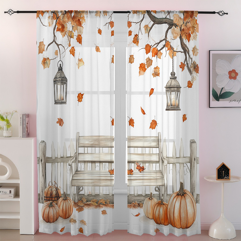 TEMU 2d Flat, 2pcs Christmas-christmas-bow-halloween-chiffon Sheer Curtains - Translucent Opaque 2d Digital Printing, Rod For Living Room And Bedroom