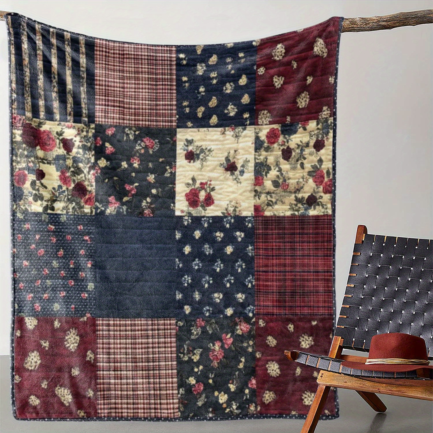 

1pc Patchwork Fleece Blanket - Knitted Polyester , For Sofa, Bed, , Camping, - Blanket