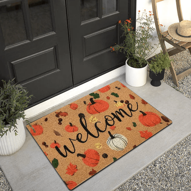Image of 1pc Non-slip Autumn Pumpkin Leaf Welcome Doormat Suitable For Pet Mat, Machine Washable With Adhesive Backing, Thick Soft Suitable For Bedroom Door, Balcony, Game Room, Entryway, 2d Flat