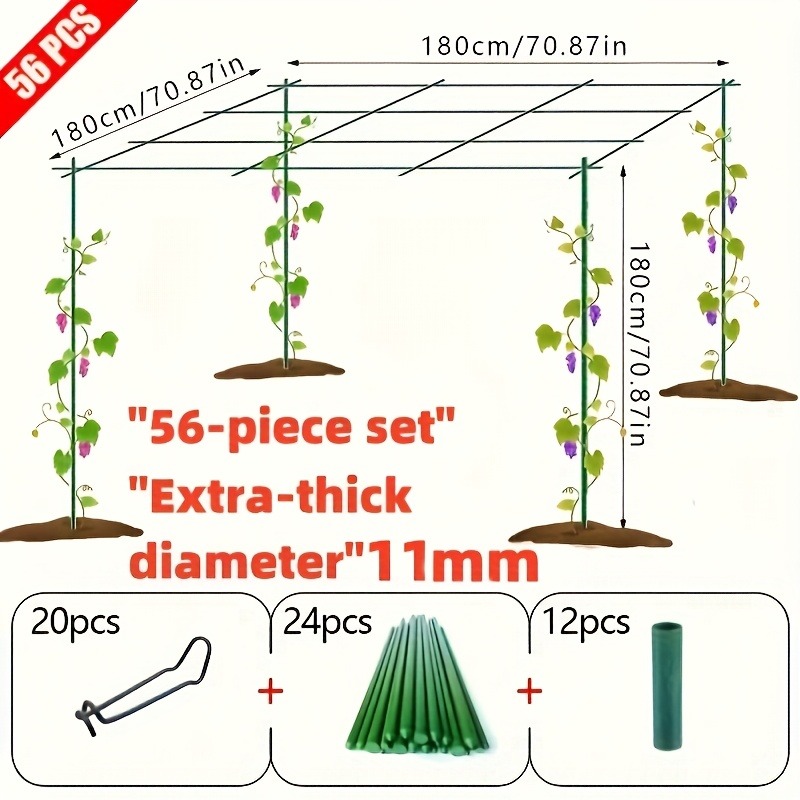 56pcs heavy-duty metal garden trellis set for outdoor gardens, patio arches, fences & vegetable sheds - supports climbing plants like roses, grapes, and watermelon trees with pet-coated core, rust-resistant, easy to insert, durable & reusable, suitable for   0