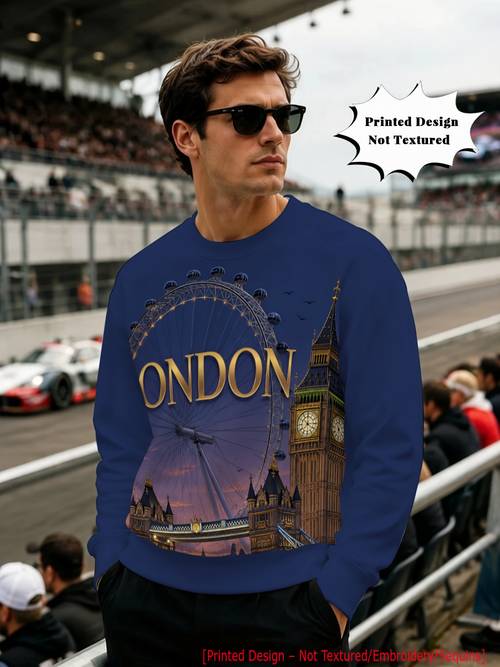 item picture printed design not textured mens crew neck sweatshirt pattern print london text daily casual travel street trend fashionable and versatile autumn winter style fashionable digital