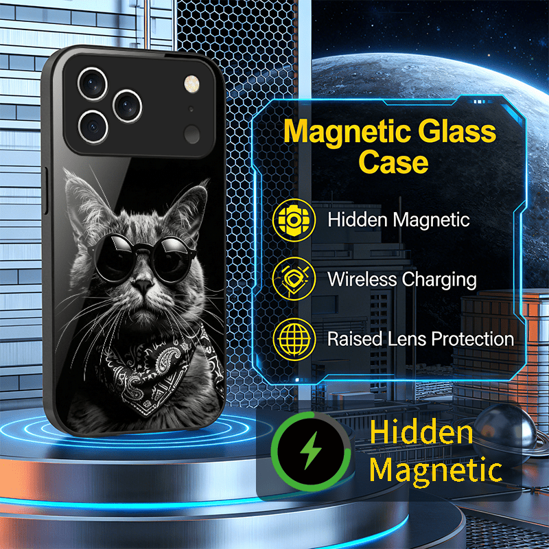 custodia per telefono - elegante cover magnetica con motivo di occhiali da gatto in vetro temperato, adatta per iphone 17 pro max/16 plus/15/14/13/12/11 pro/xs max/air/se4/mini