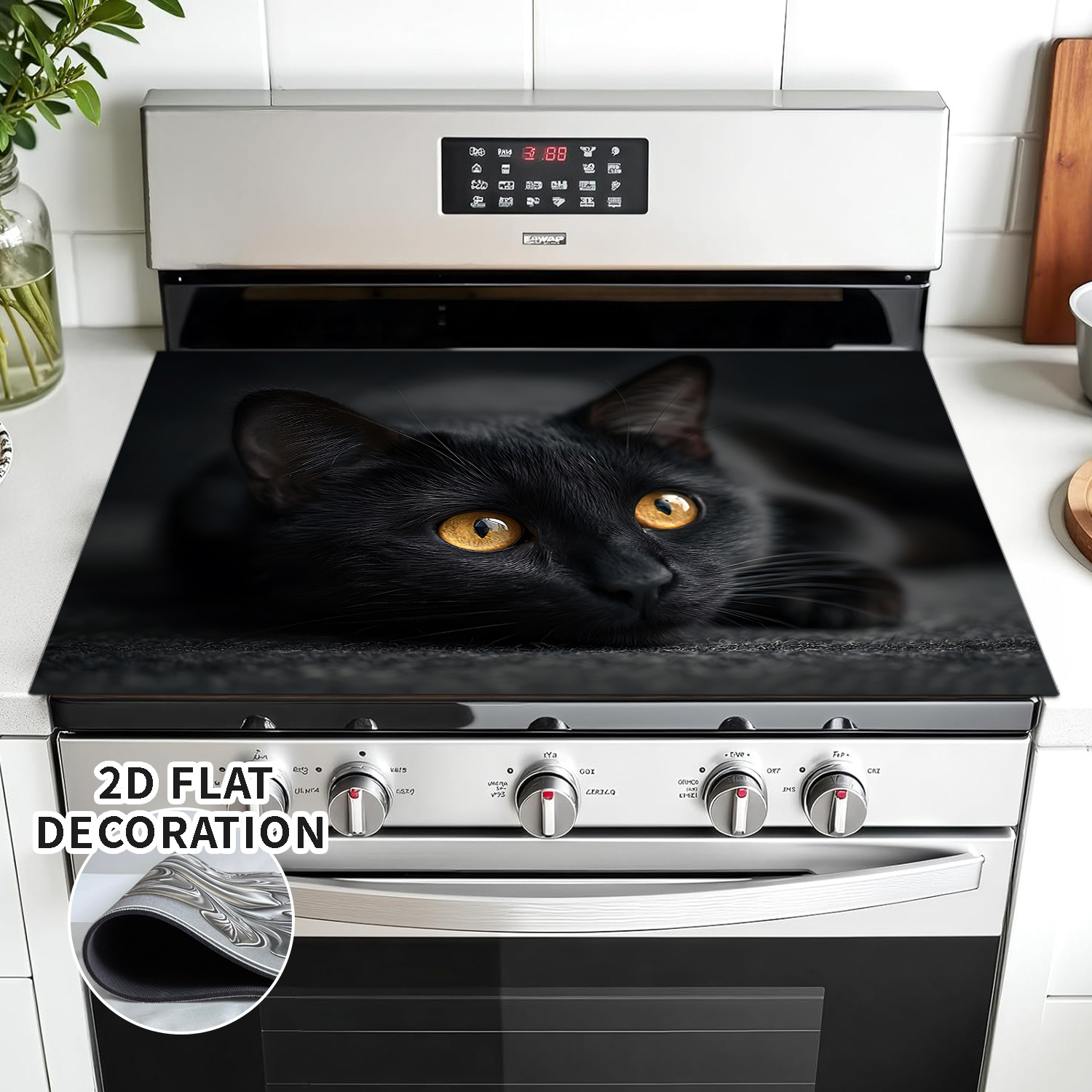 Image of 2d Flat Decor Black Electric Stove Top Cover - Rubber Lined Gas Stove Top Cover - Design, Ideal For Any Kitchen, Stove Protection, 1pc