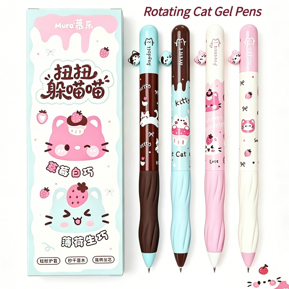 TEMU Cute Cat Rotating Gel Pens Set, 0.5mm Quick Ink Kawaii Twist Pen With Soft Silicone Grip, 4 Pack Aesthetic School Stationery Gift For Journaling