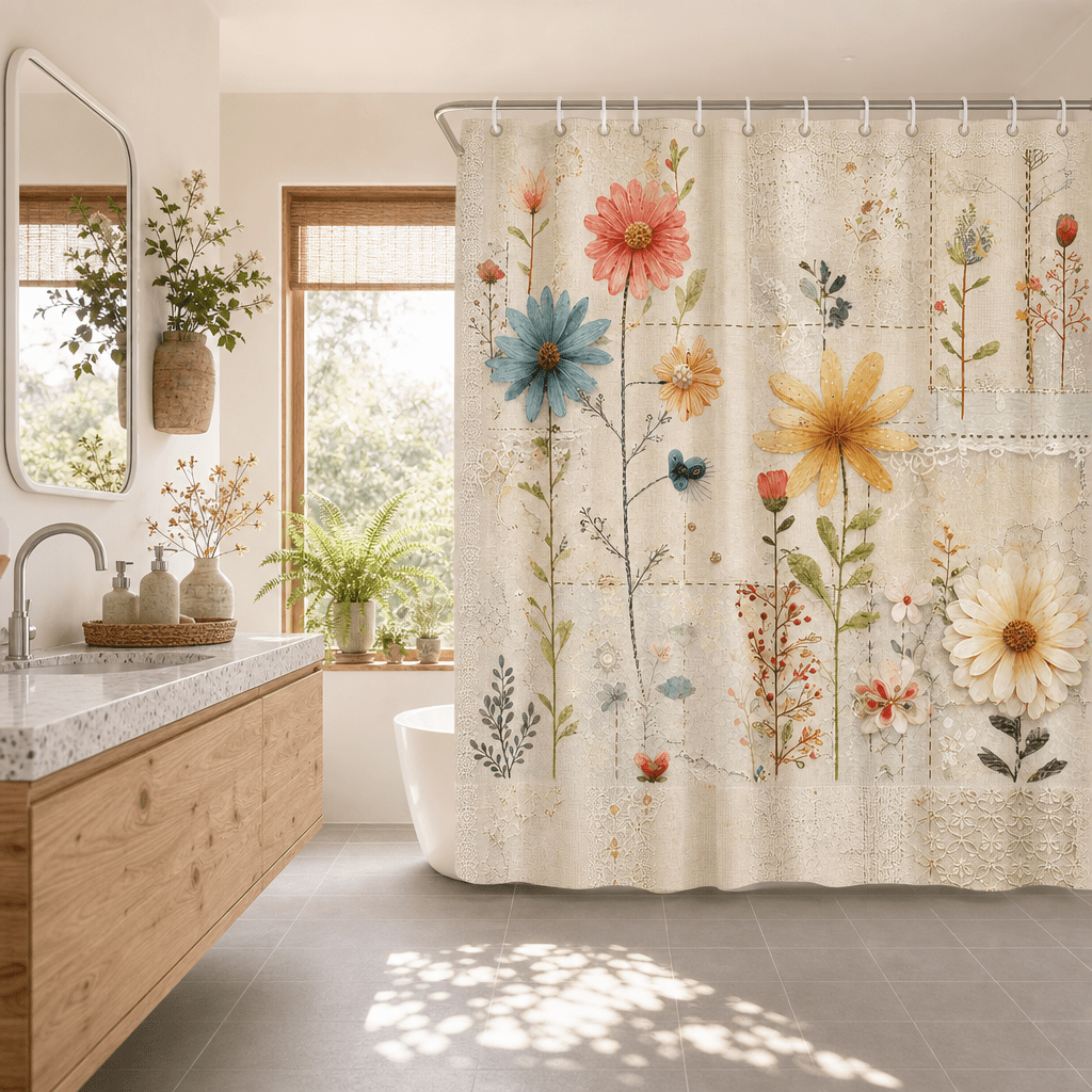 TEMU Rideau de Douche Floral Imprimé Marguerites Style Vintage Bohème Ferme 71x71 Pouces avec 12 Crochets Décor de Salle de Bain Rustique Shabby Chic