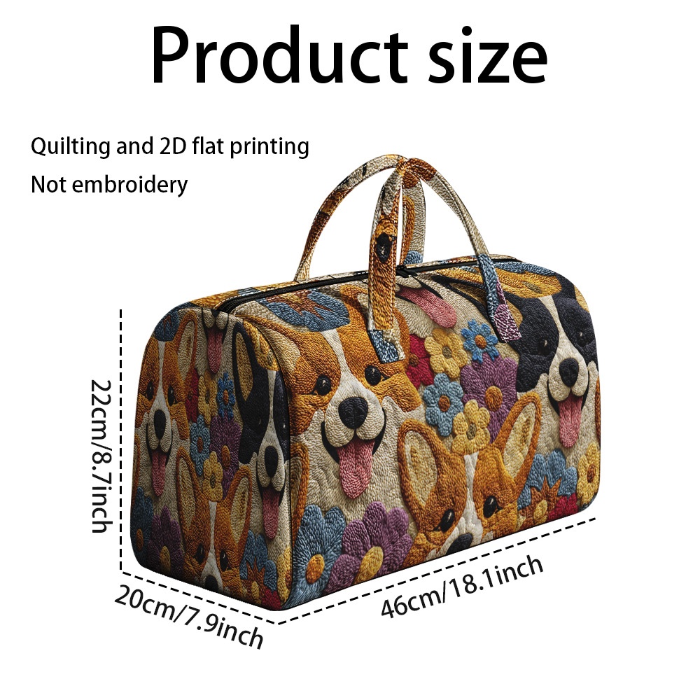 TEMU 1pc Ridesay Corgi & Quilted Weekender Bag Suitable For Getaways, Large Capacity Portable Tote With Corgi Print, Quilted Polyester Handbag For