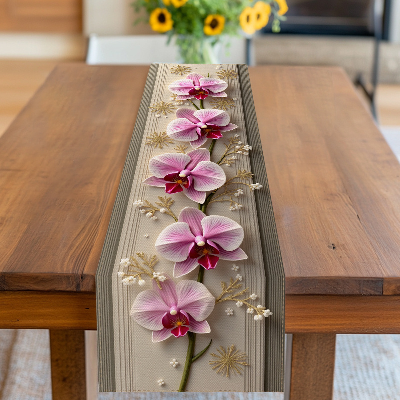 TEMU 1pc Elegant & Golden Accent Table Runner - Beige & Floral Tablecloth For Dining, Kitchen, Wedding, Banquet - Luxury Fabric With Orchid Design,