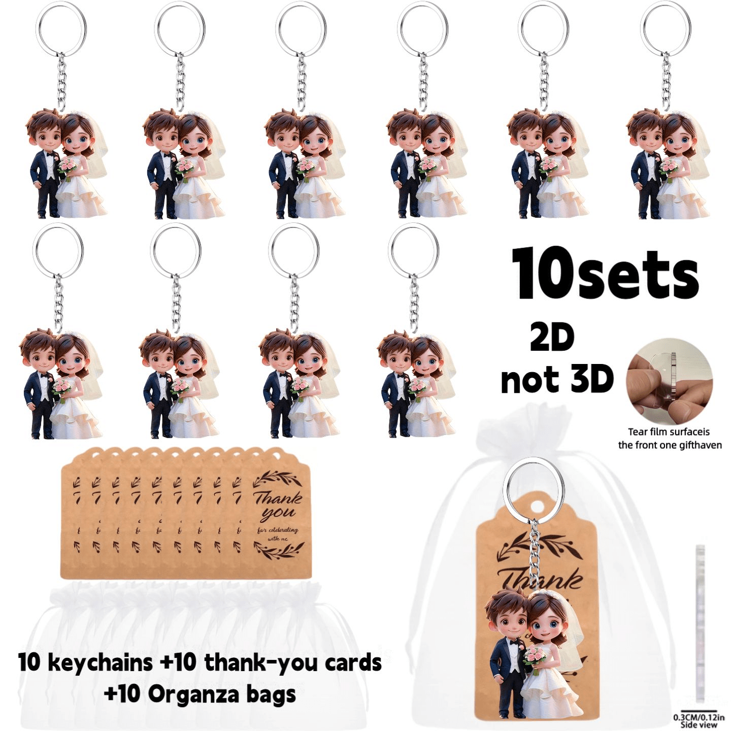 TEMU Style Plat 2D, Cadeau pour Elle/Lui - Lot de 10 Porte-clés Plats 2D, Lot de Boîte Cadeau de Fête avec Porte-clés Mignons Dessin Animé Mariés -