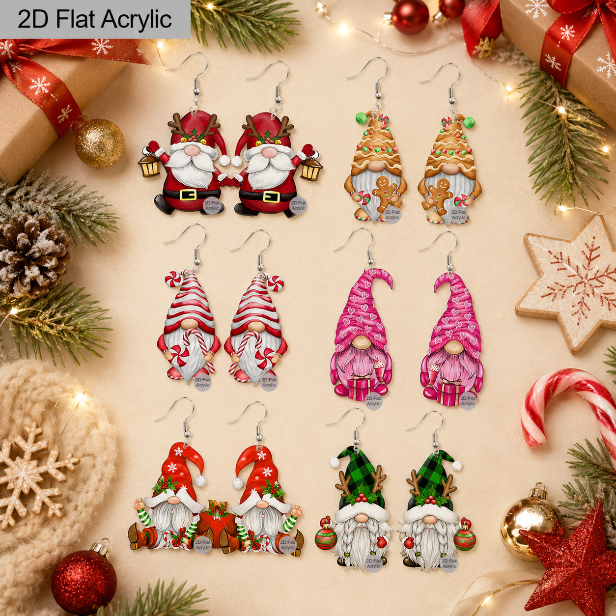 TEMU Ensemble de 6 paires de boucles d'oreilles plates 2D en acrylique sur le thème de Noël avec des gnomes de dessins animés, motif , d'épices,