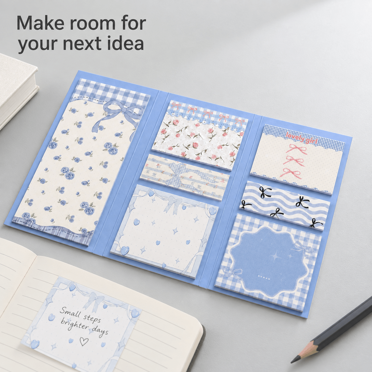 TEMU 1 Book 175 Sheets Floral And Bow Sticky Notes, Blue Lace Aesthetic Self-stick Memo Pads For School Office Journal Planner Stationery Supplies