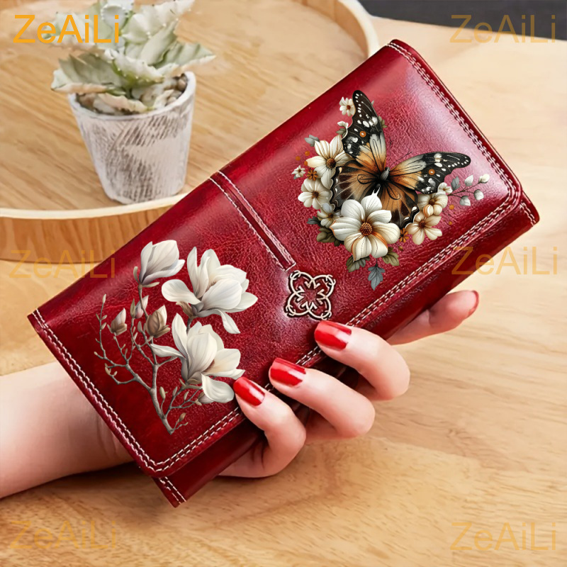 TEMU Elegant Magnolia Flower Wallet For Men Women, Unisex Genuine Long Purse, Large Capacity Card Holder Clutch, Retro Fashion Ladies Wallet With