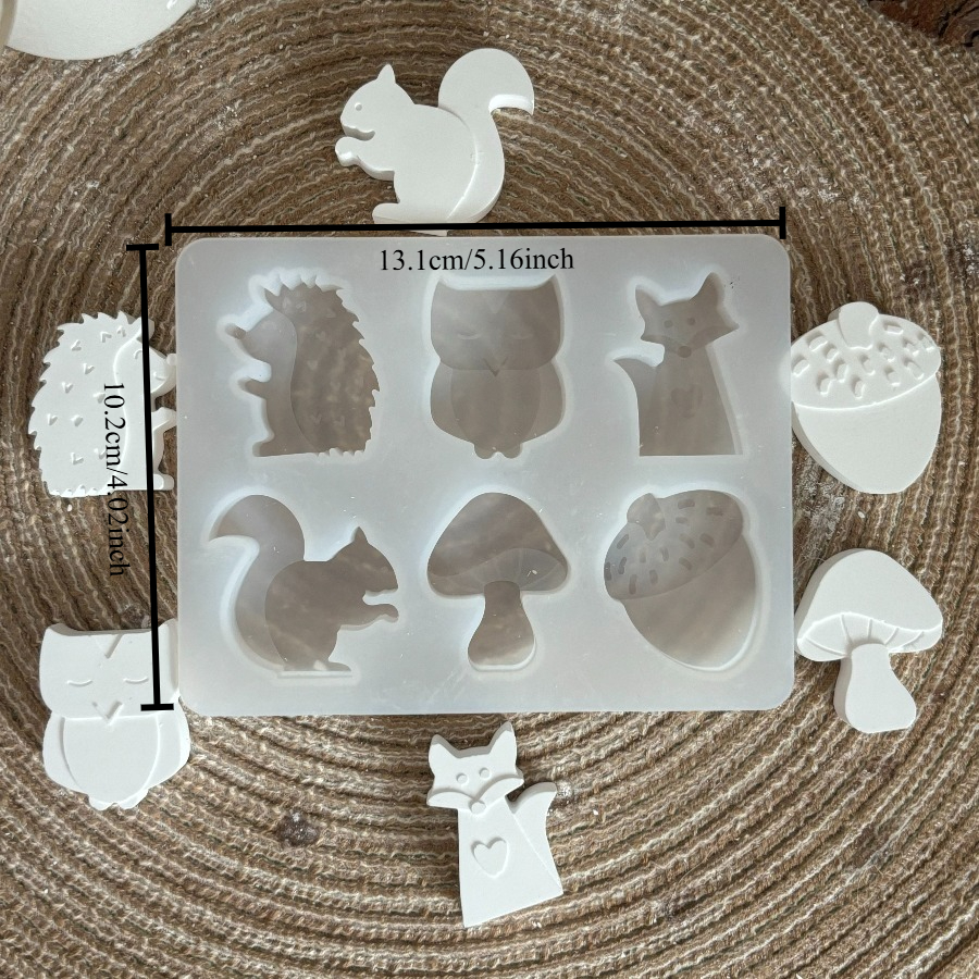 E-shop Herbst-Eule, Pilz, Fuchs, , Eichhörnchen, Igel 6-tlg. Mini-Tier-Silikon-Gipsform-Set für Harzguss, DIY handgefertigte -Ornamente