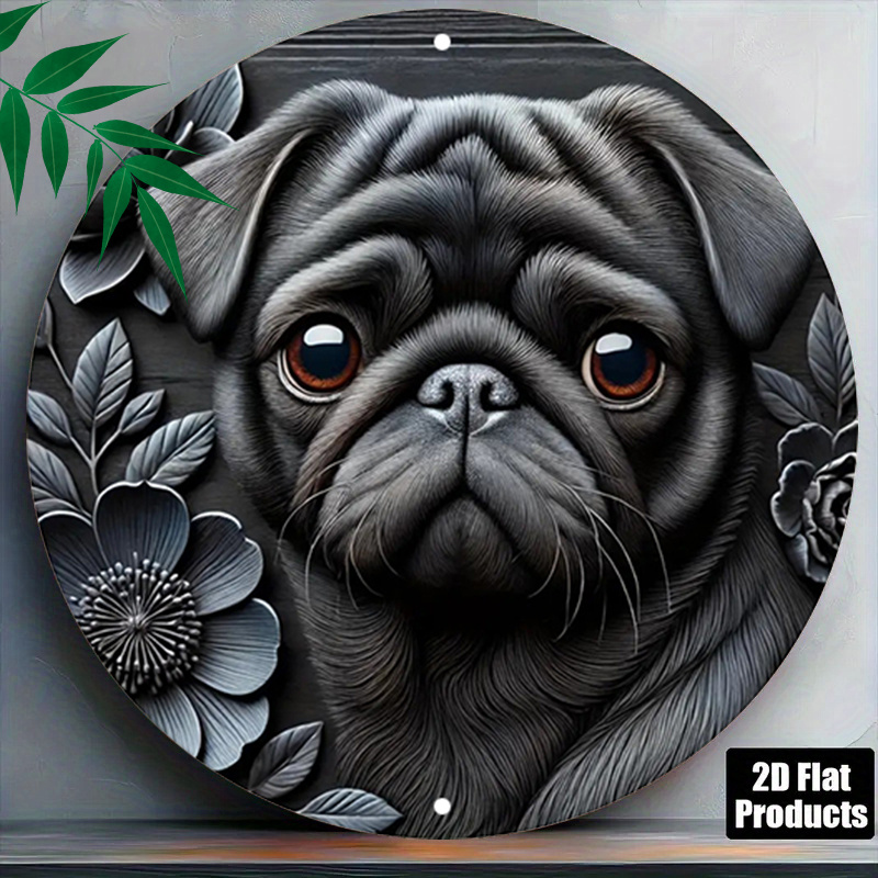 TEMU 2d Flat, 1pc 1pcs Wall Decor - Round Sign Suitable For Home, Office, Cafe, Garage Decoration, Minimalist Monochrome Pug-themed Plaque, Hanging