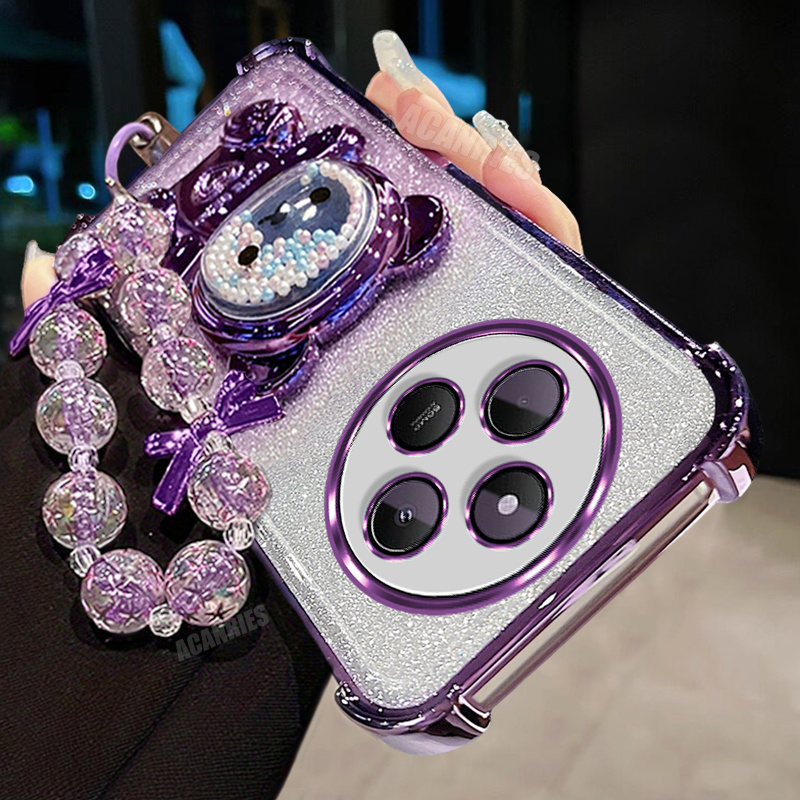 TEMU Phone Case: Acanries Luxury Star Bead Wrist Strap Chain Lanyard With Cute Quicksand Bead Bear Folding Stand Holder And Plating Gradient Glitter