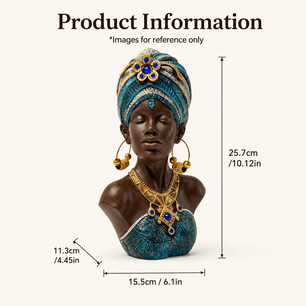 Image of African Woman Bust Resin Sculpture, Boho Ethnic Style Female Statue With Blue Headwrap And Golden Jewelry, Decor For Living Room Entryway Bookshelf, Gift