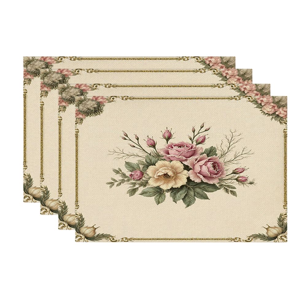 TEMU 6pcs Set Of Vintage Floral Decorative Print Reusable Placemats, Linen Table Mats Suitable For Dining Tables, Hotels, Outdoor, Travel Table