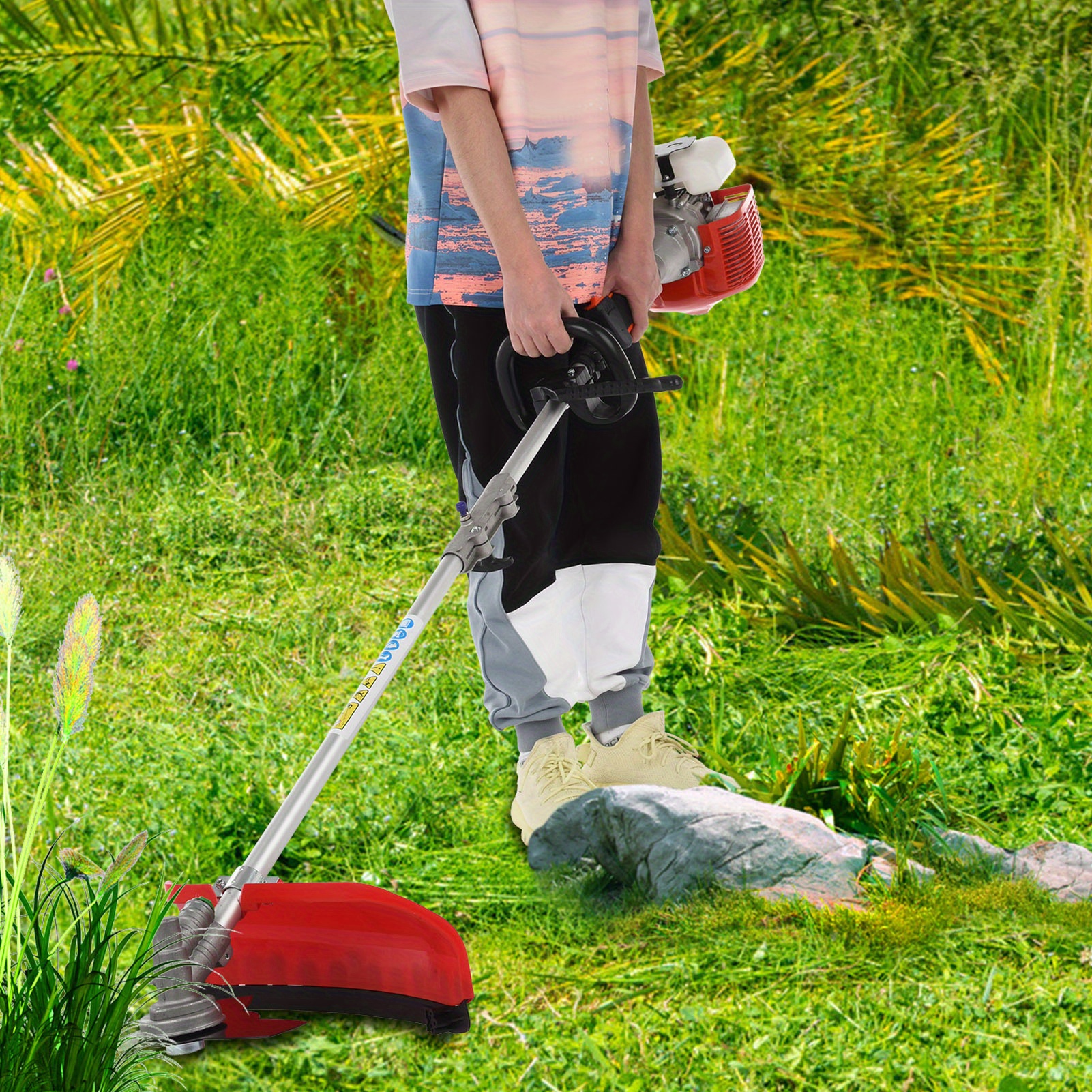 52cc heavy-duty   gas- lawn mower with  ,   lawn mower, hedge cutter, brush cutter, soil   &   - large 180.01cm width,   machine for residential & commercial use, compact storage design, handlebar & features, ideal for lawns, hedges, brush, soil, and trenching Product details 8