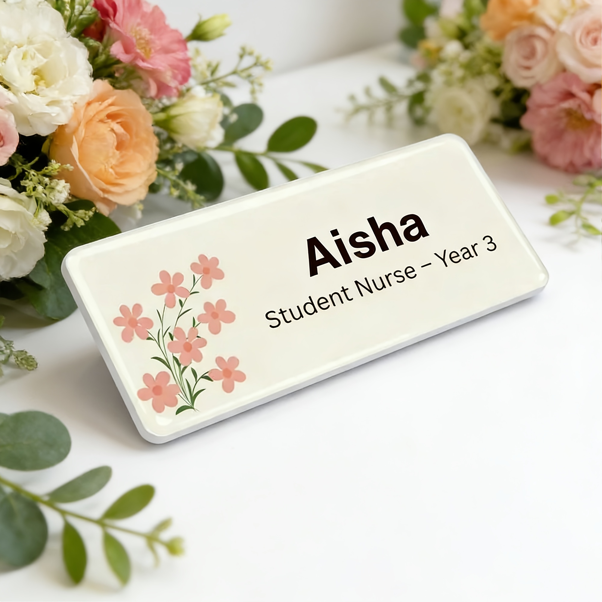 TEMU 1pc 2d Flat Personalized Badge, With Flowers, Custom Name And Tag, Floral Lapel Pin With Safety Pin