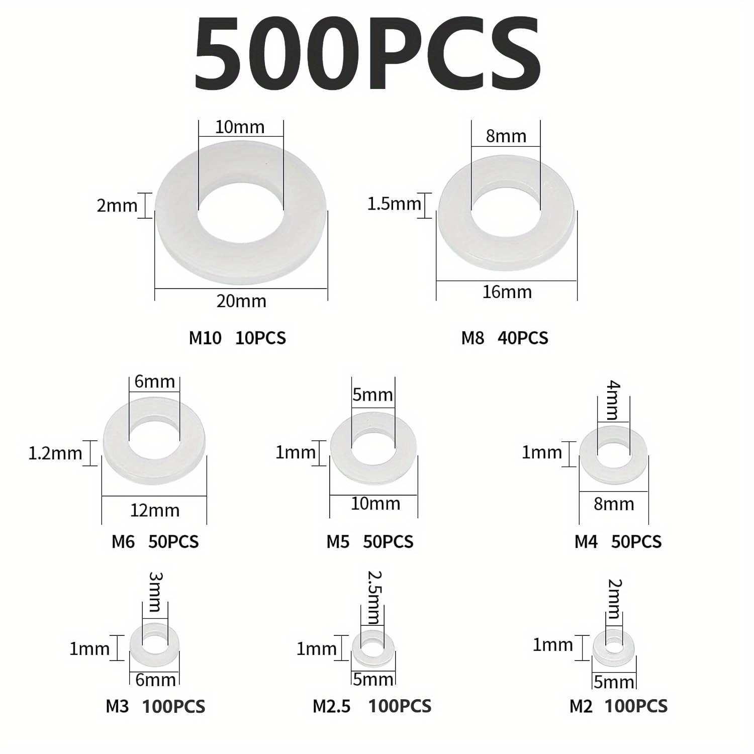 500pcs White Nylon Gasket Set - M2-m10 Round Nylon Plastic Washer, Suitable For High Temperature And Insulation