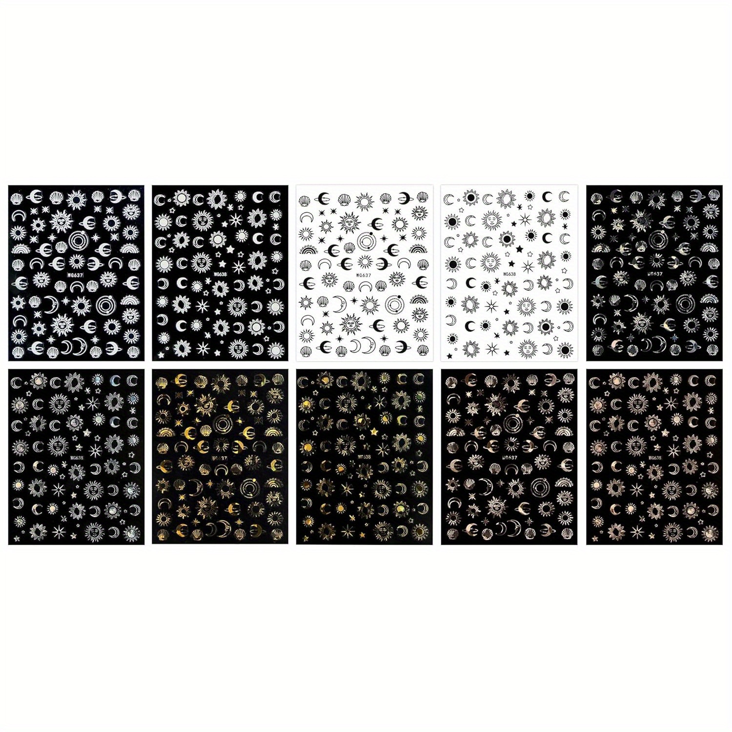 Image of 10 Sheets Of Self-adhesive Nail Art Stickers Featuring Moon, Star, And Sun Designs In Colorful Rose Golden, Perfect For Decorating